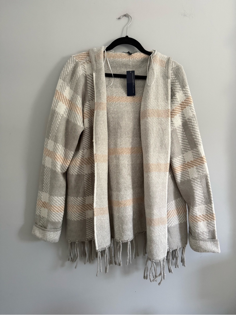 Adrienne Vittadini Plaid Hooded Fringe cardigan